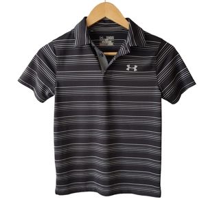 Under Armour Black, Grey, and White Striped Collared Short Sleeve Shirt Size YM